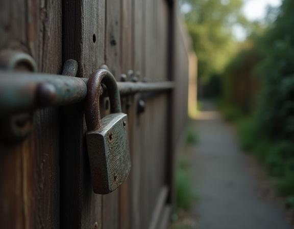 A serene view of a lock on a wooden gate, symbolizing security.